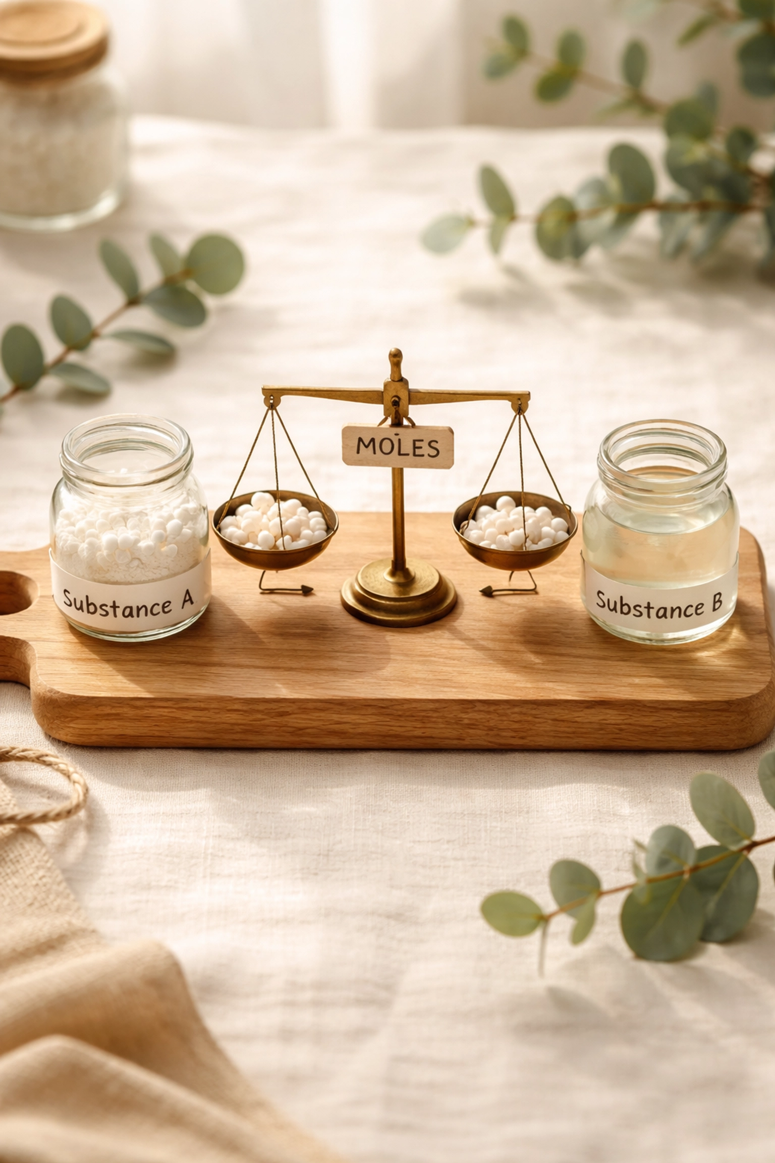Chemistry concept scene with scale, jars, and beads illustrating the mole bridge method