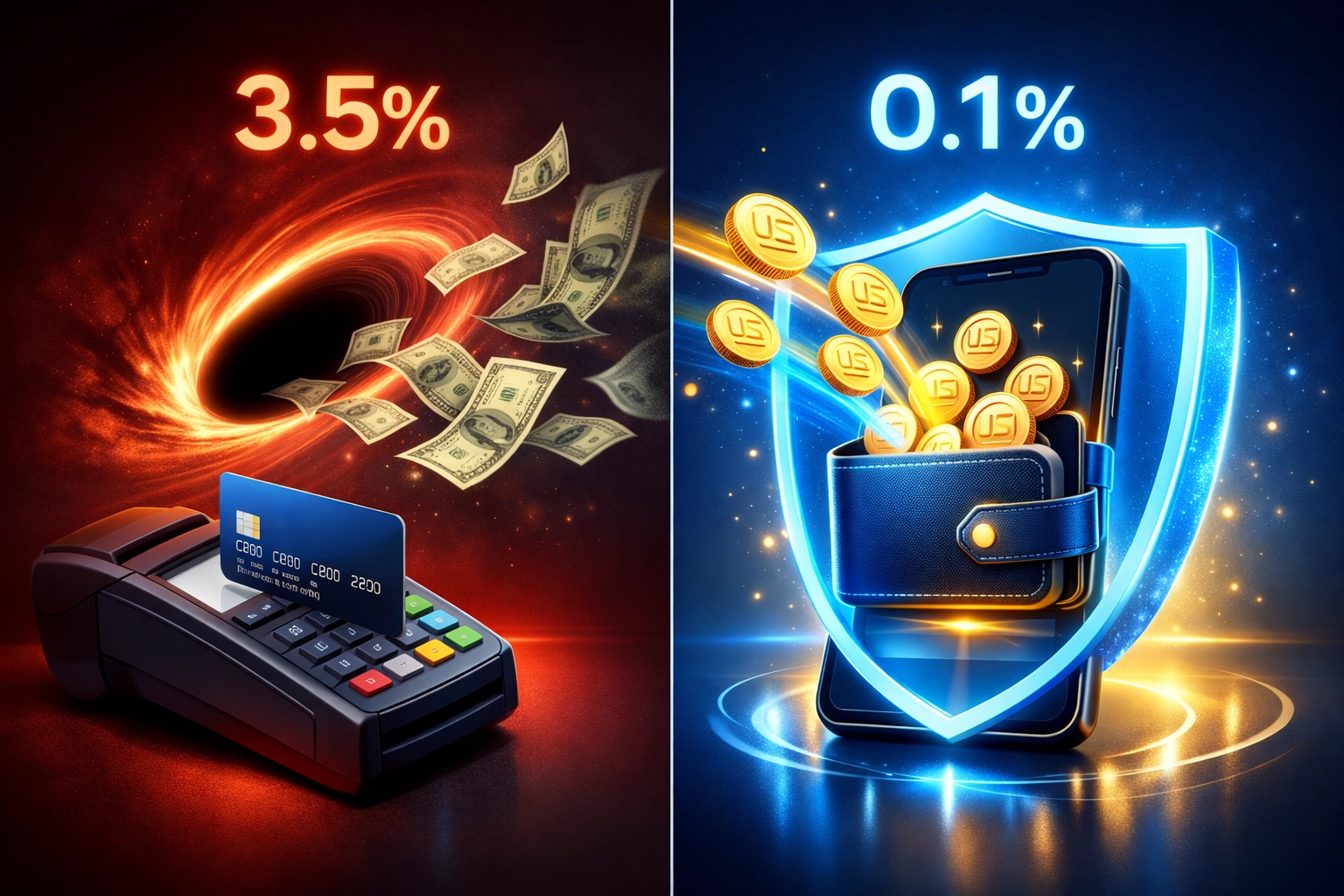 Credit card fees vs stablecoin payments showing 50% cost savings with Web3 crypto transactions