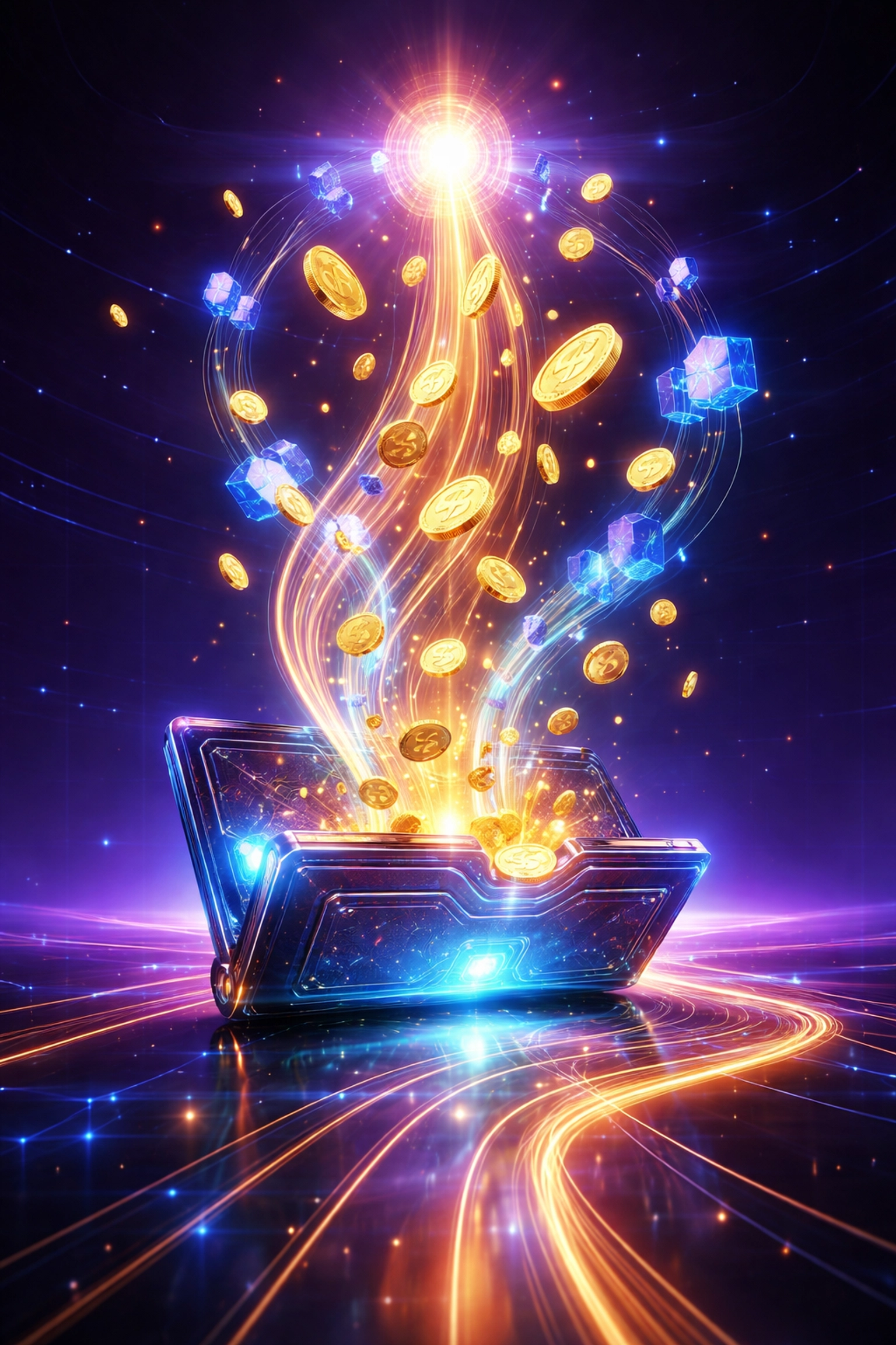 Digital wallet releasing gold coins and blockchain nodes to illustrate Larecoin receivables token for instant liquidity in Web3 payments