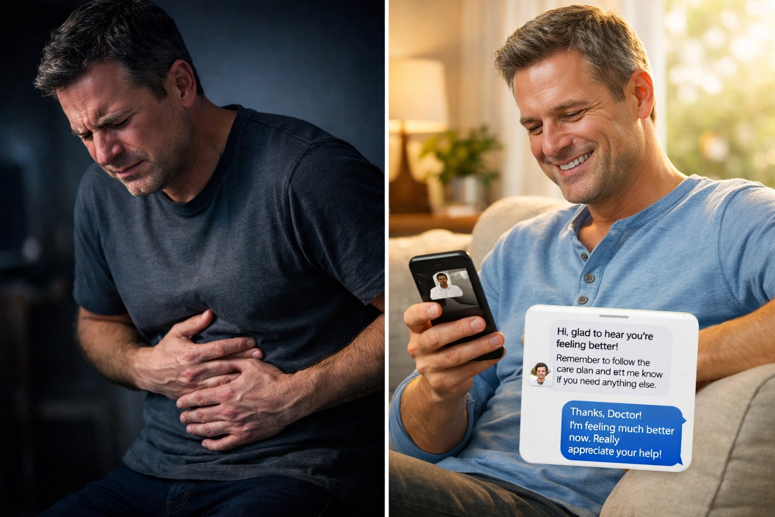 Before and after online doctor consultation for nausea relief and symptom improvement