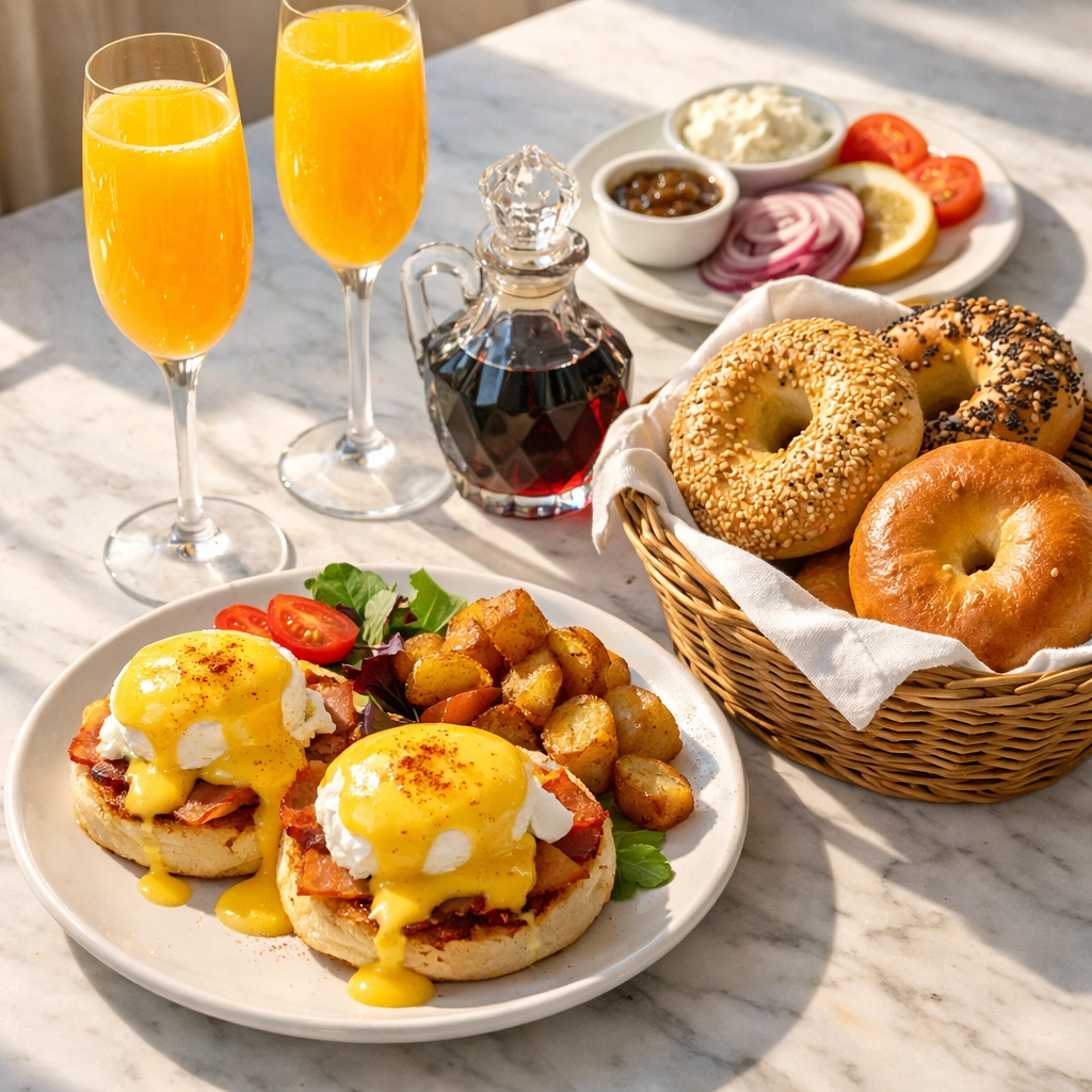 A classic Montreal brunch spread with eggs Benedict, wood-fired bagels, and mimosas on a sun-drenched table.