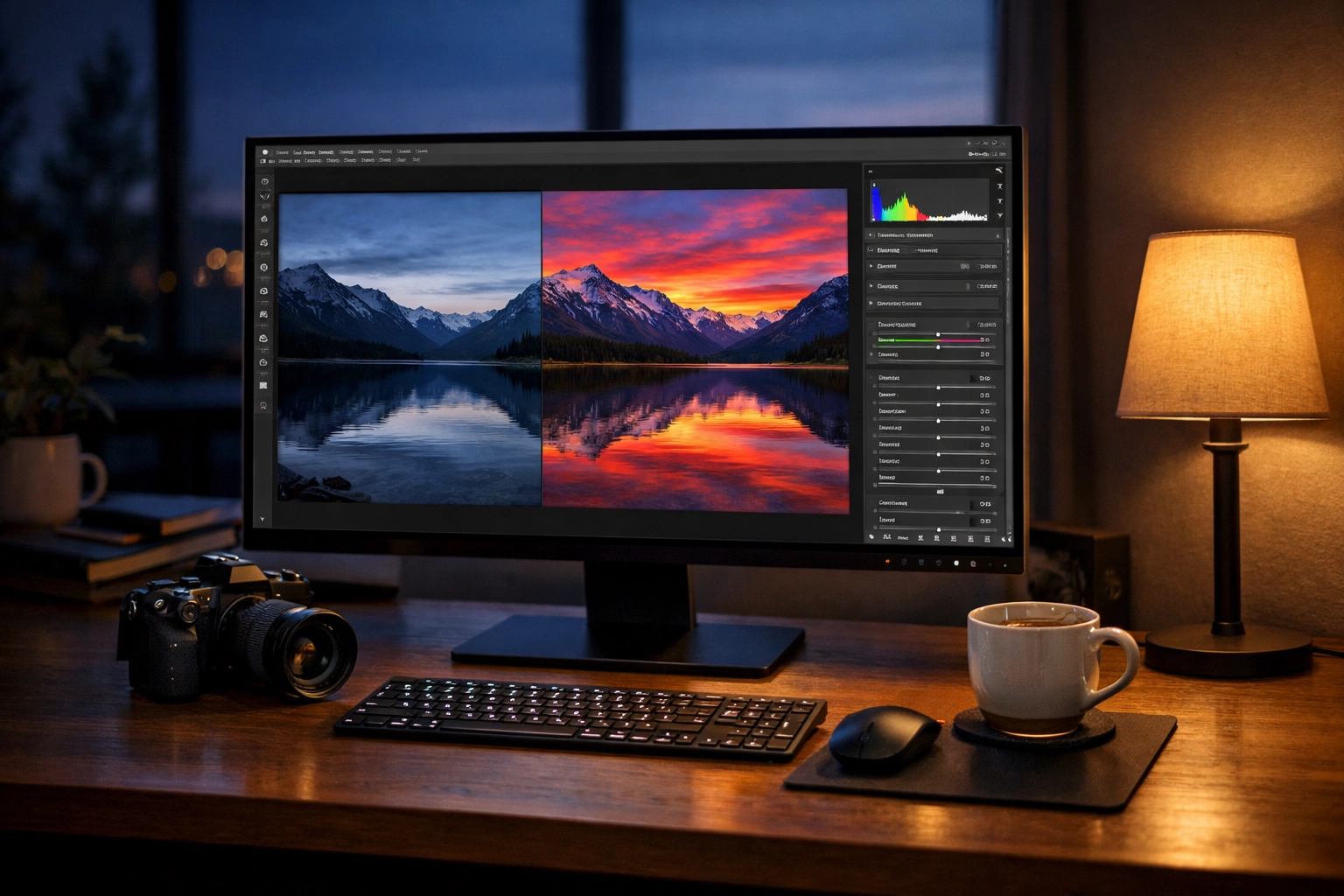 Minimalist photo editing setup on a computer monitor, essential for beginner photography workflows.