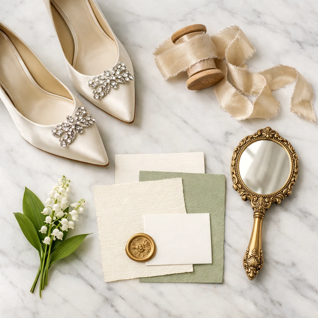 AOB Events luxury wedding planner vision board with elegant ivory accessories on white marble.