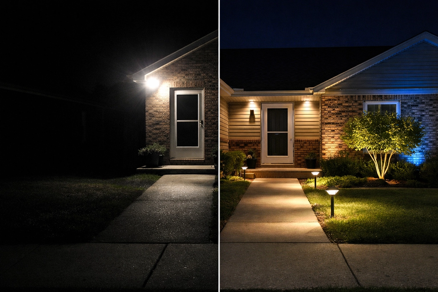 Harsh floodlight shadows vs professional landscape lighting for optimal Ring camera night vision