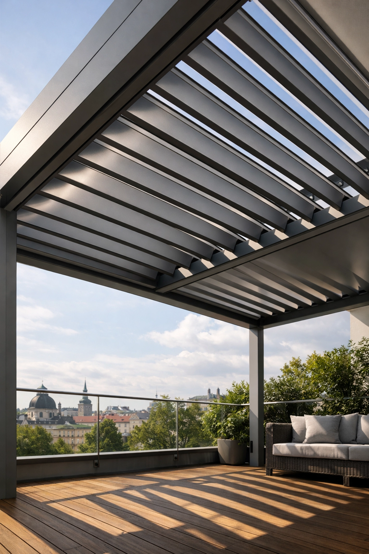 Modernes Lamellendach auf Wiener Terrasse mit verstellbaren Aluminium-Lamellen