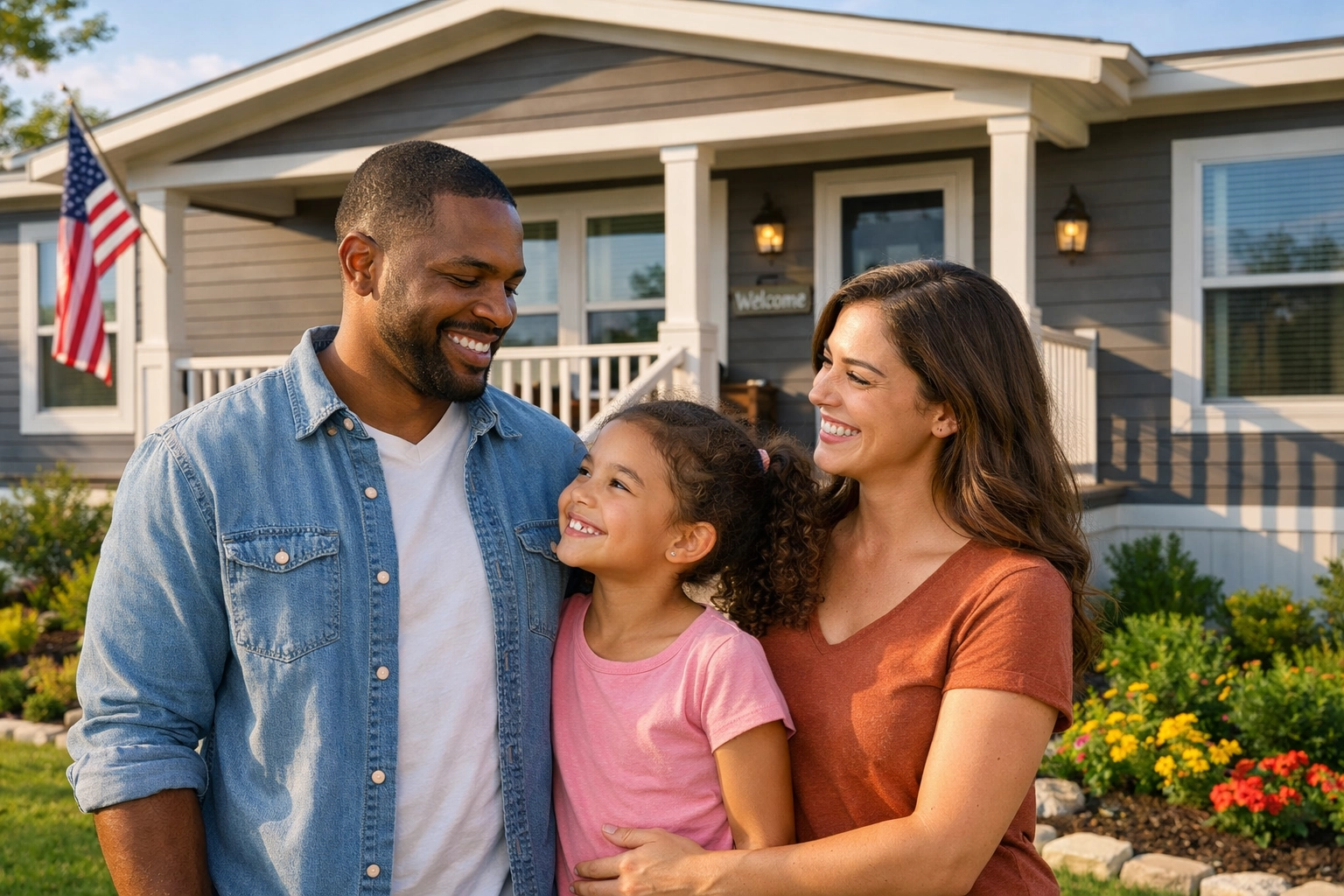 Happy Texas family standing in front of their new modern manufactured home with a porch and garden.
