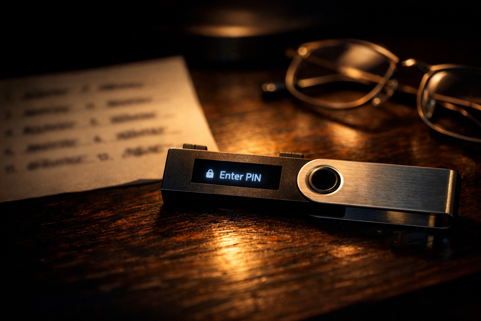 Cryptocurrency hardware wallet with seed phrase document for estate planning and wills