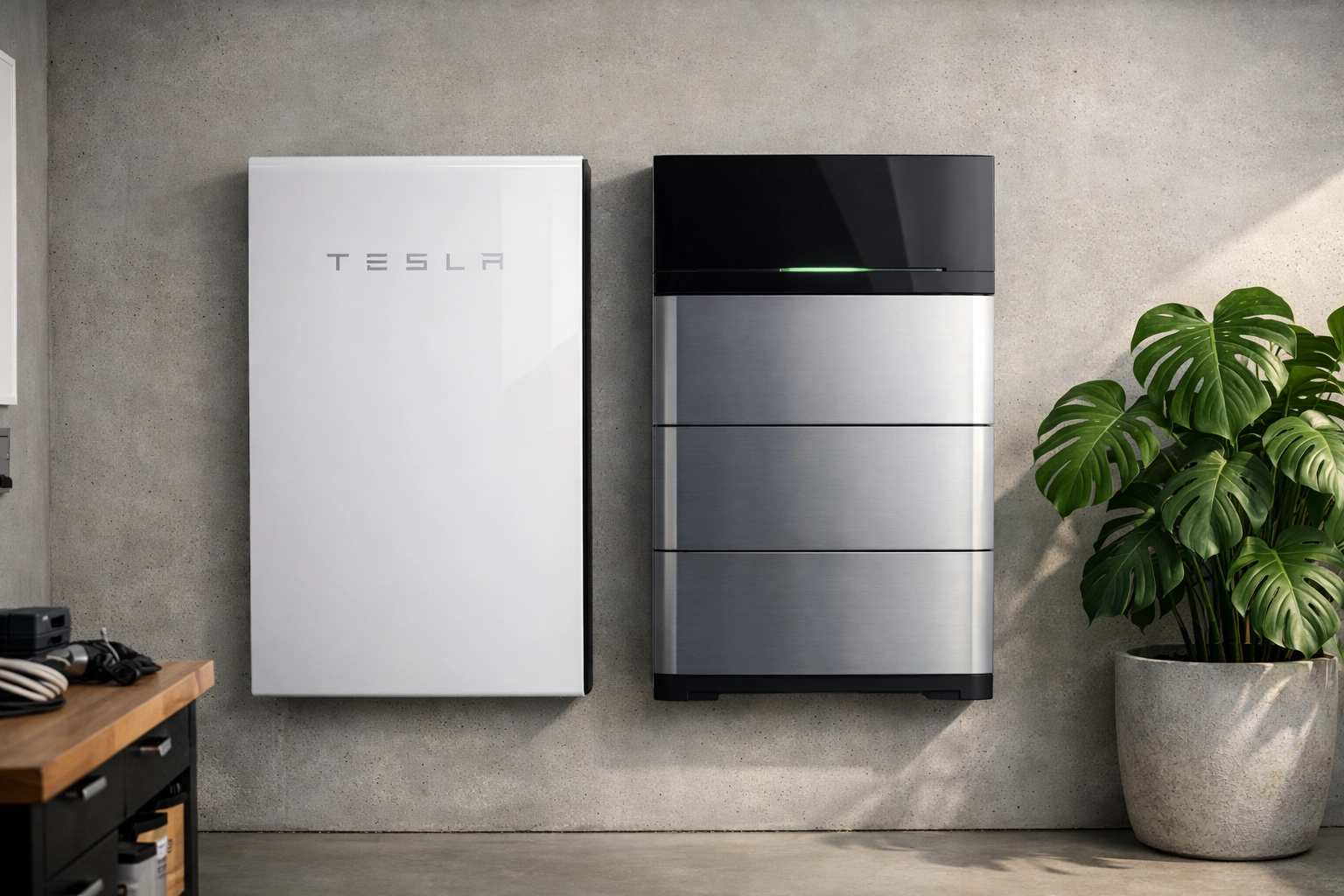 Side-by-side comparison of Tesla Powerwall and GivEnergy solar battery storage units in a modern home.
