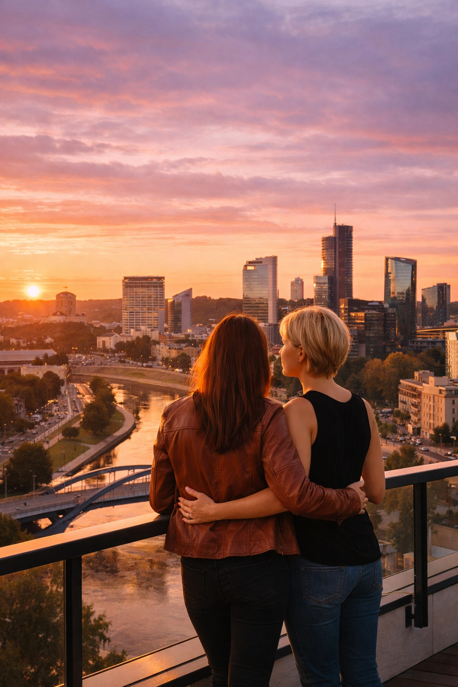 A lesbian couple overlooking the modern Vilnius skyline at sunset, symbolizing a bright future for LGBTQ rights.
