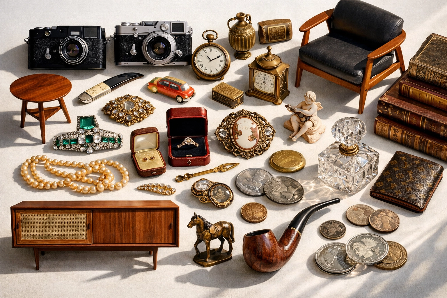 Valuable estate items including vintage cameras, jewelry, and collectibles ready for Columbus auction