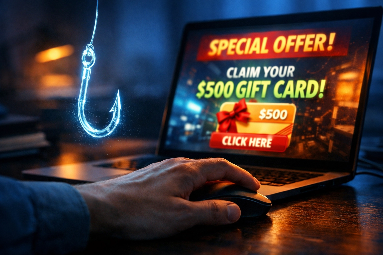 Digital fishing hook targeting a business computer user to illustrate phishing email threats.