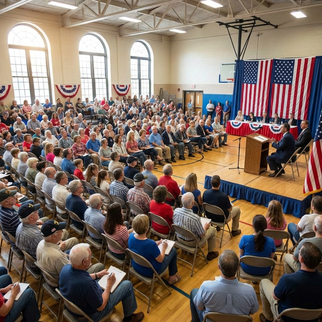 Town hall meeting with multigenerational Americans collaborating on civic issues and respectful conversation