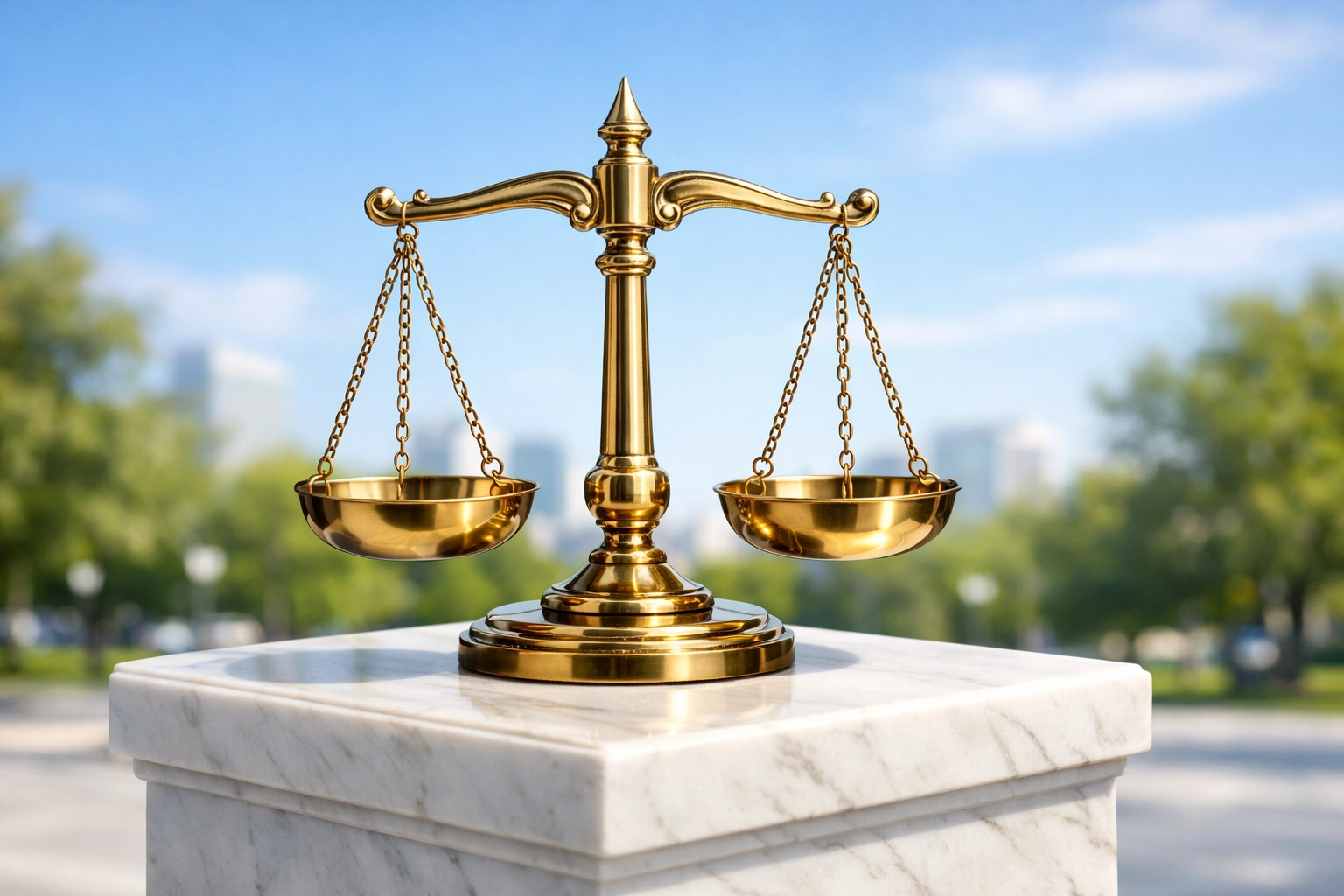 Brass scales of justice in a park, representing the legal victory for street preacher Gabriel Olivier’s free speech.