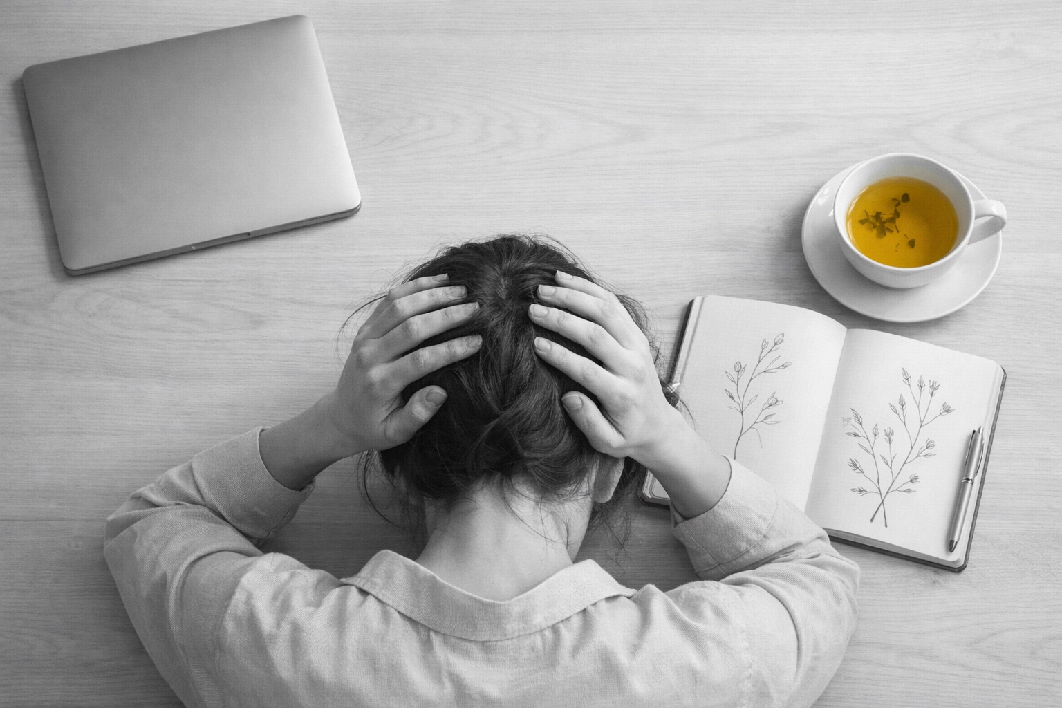 Surcharge mentale au travail - femme leader en pause réflexive Surcharge mentale au travail - femme leader en pause réflexive