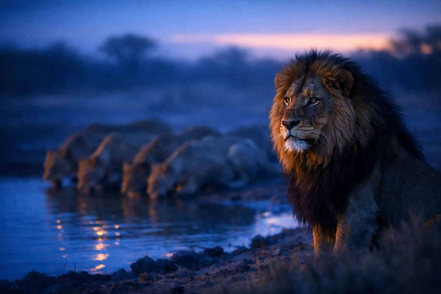 Lion pride at watering hole with protective male guarding family representing proactive defense