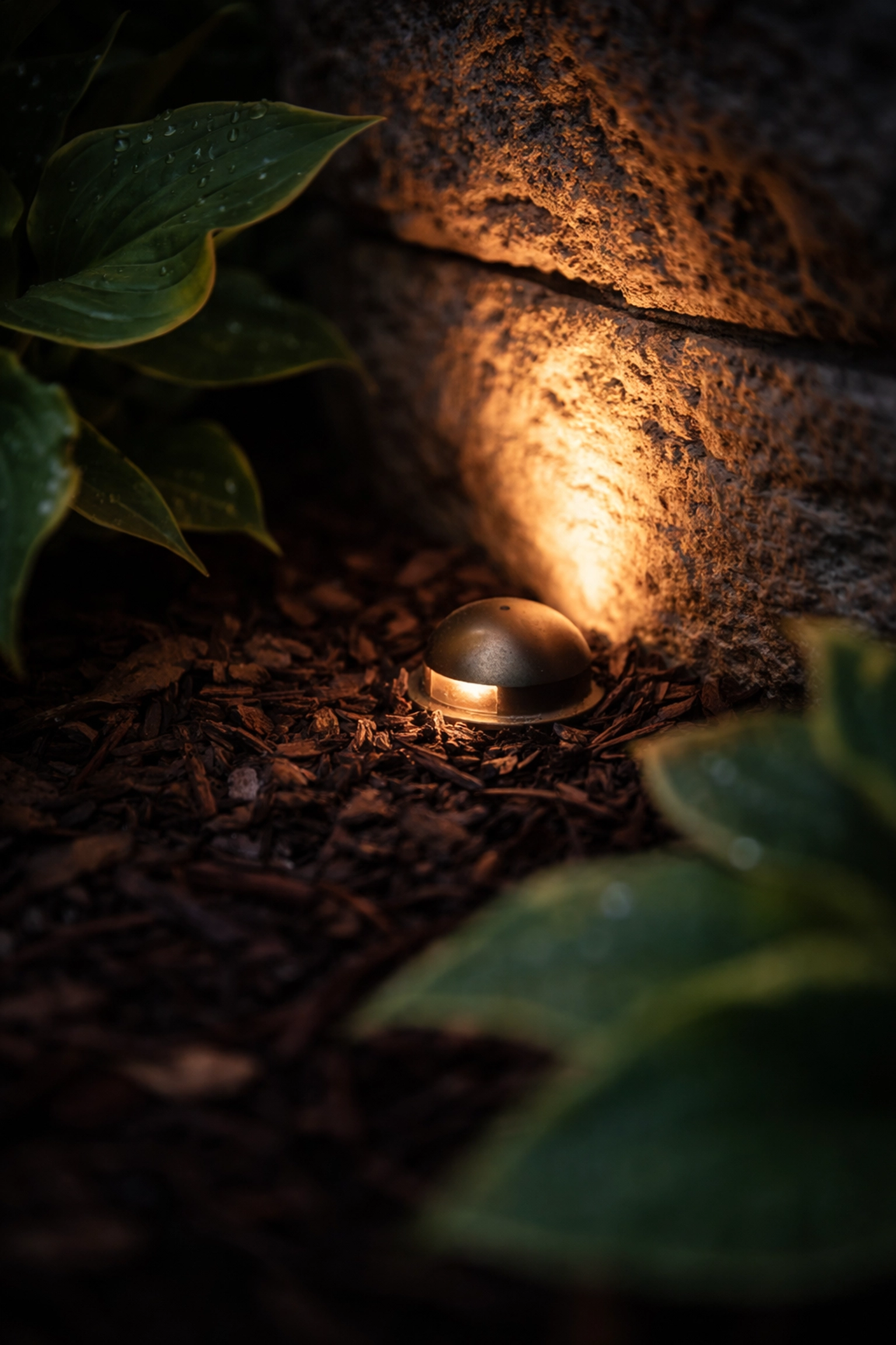 Close-up of nearly invisible low-voltage LED landscape lighting hidden among garden beds and illuminating a stone wall