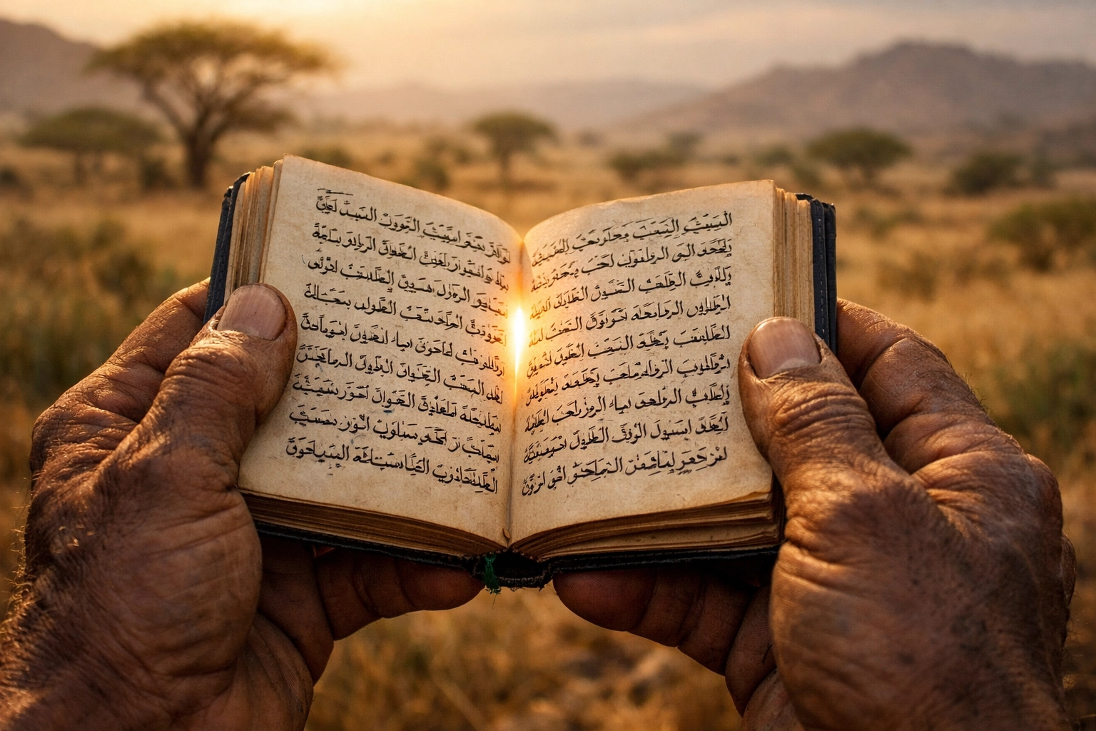 Weathered hands holding an Arabic Bible in Sudanese sunlight, symbolizing resilient faith in refugee camps.