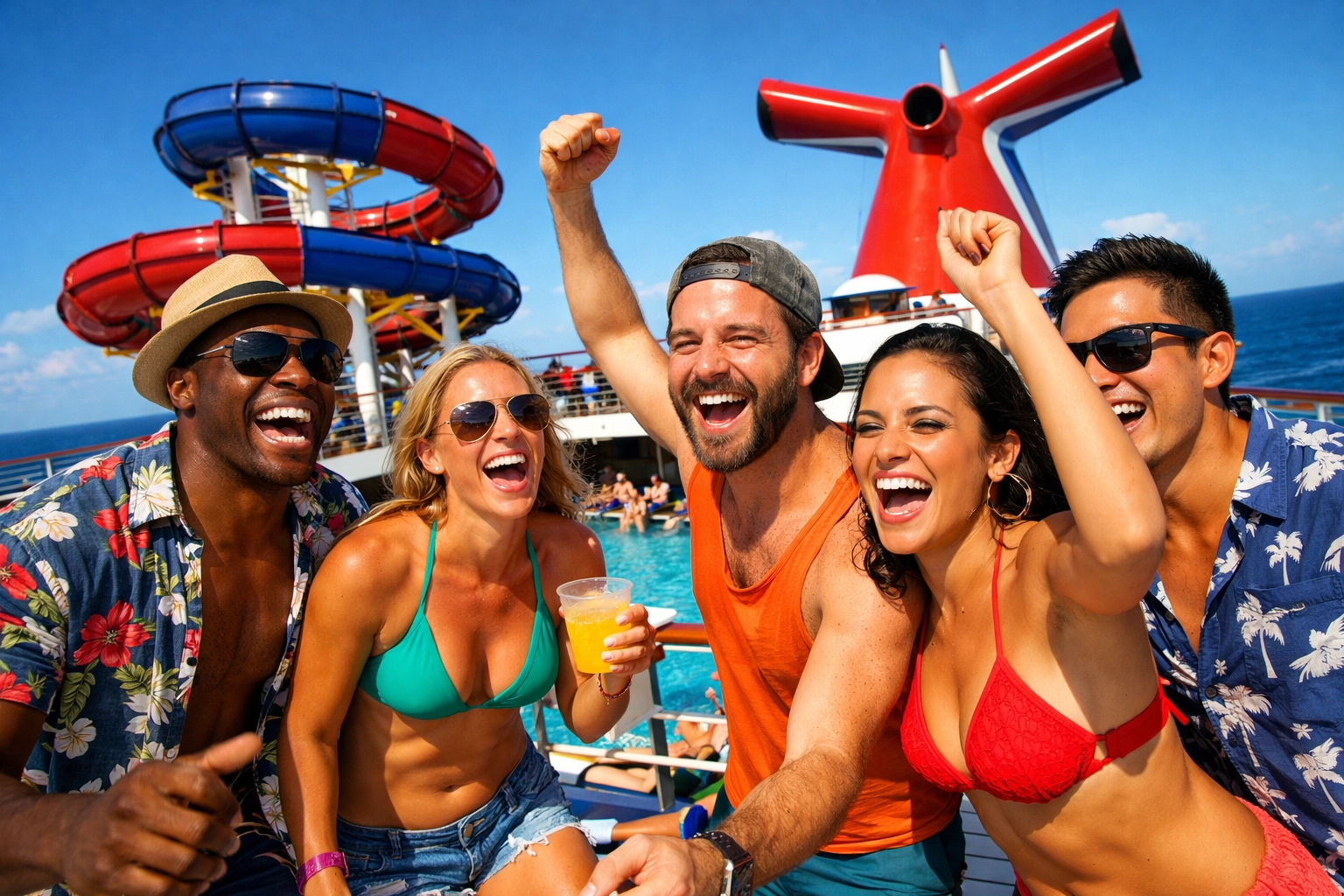 A group of friends enjoying a Carnival group cruise on the ship's sunny top deck.
