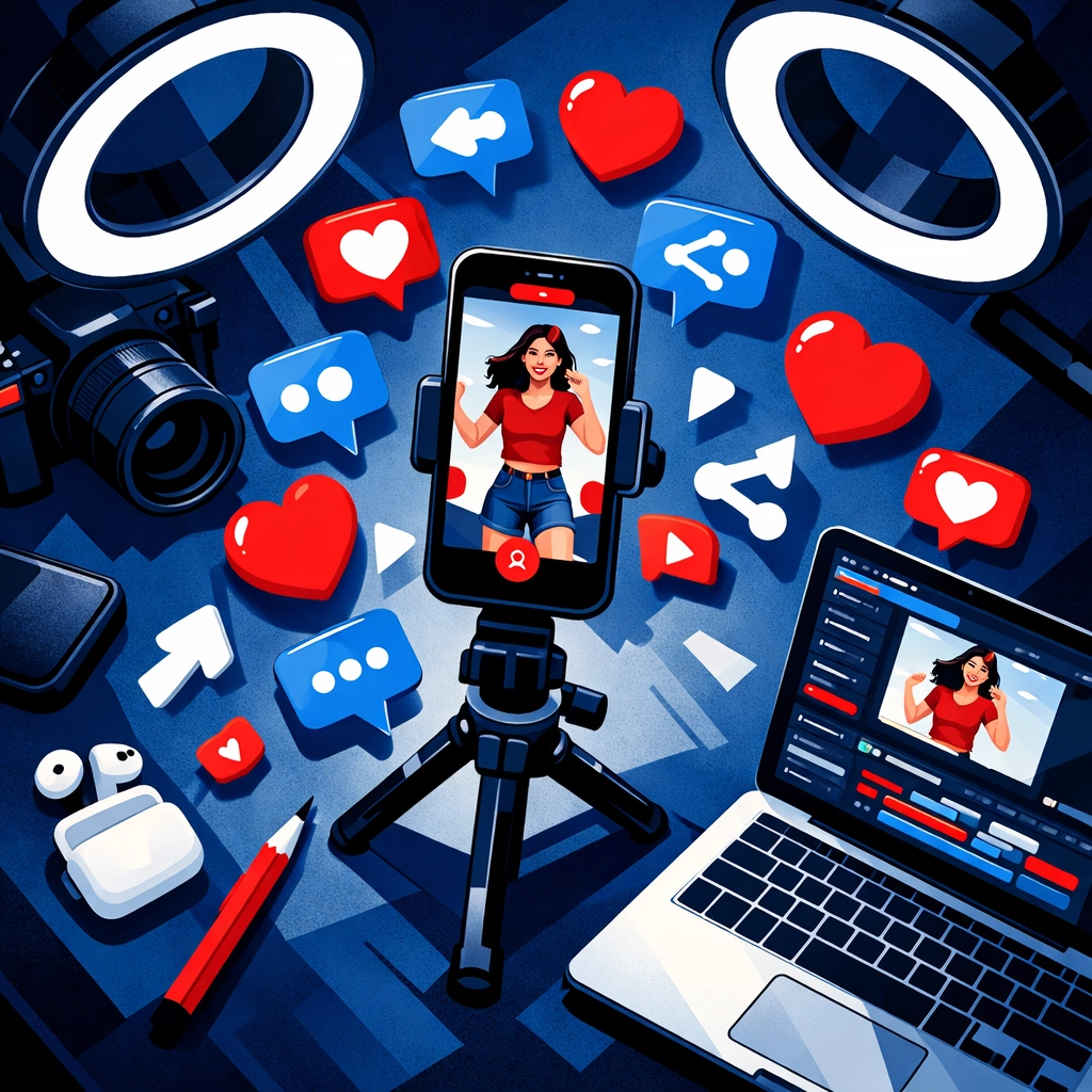 Content creation workspace with video equipment and social media marketing tools