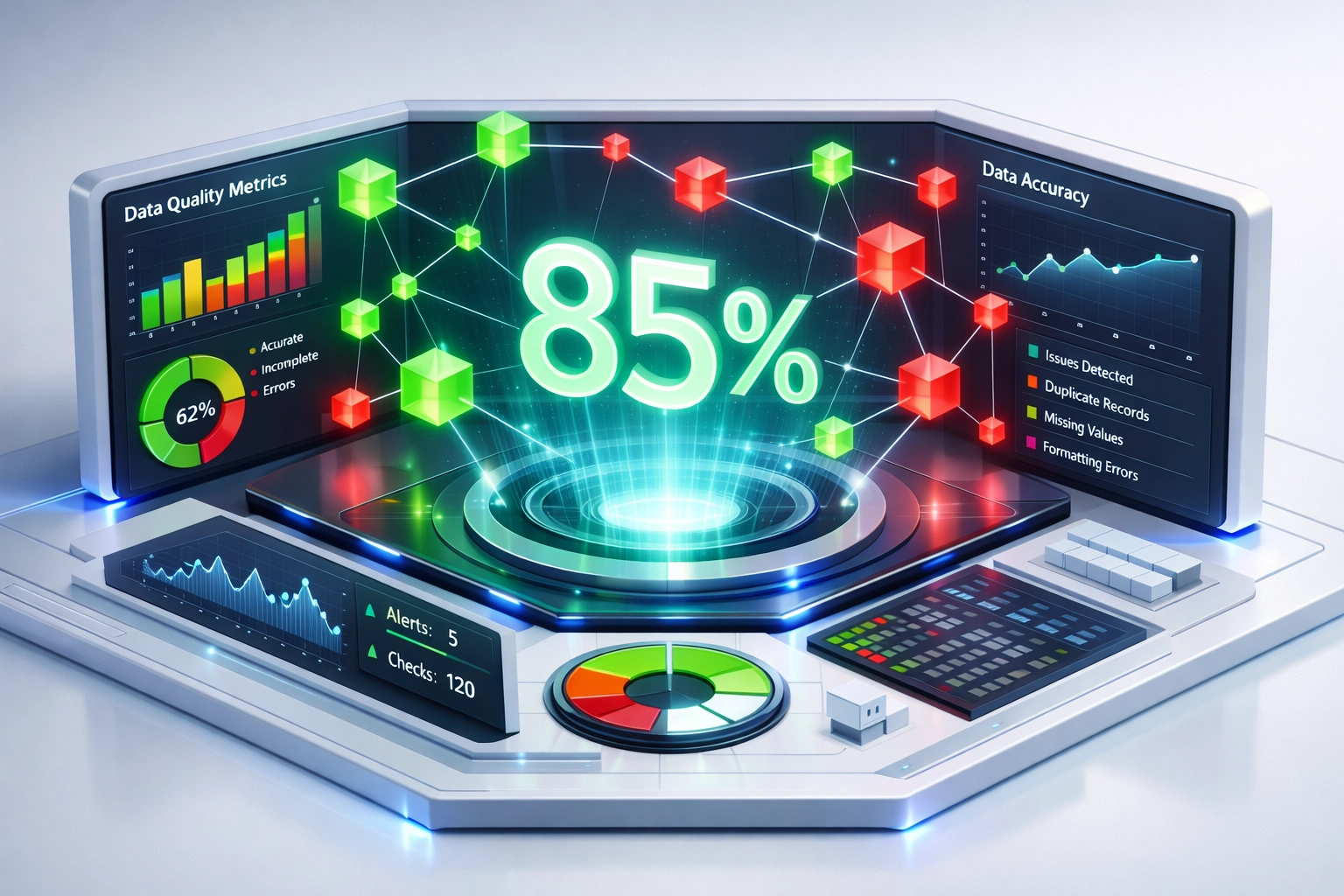 ServiceNow CMDB data quality dashboard showing 85% accuracy target with data nodes