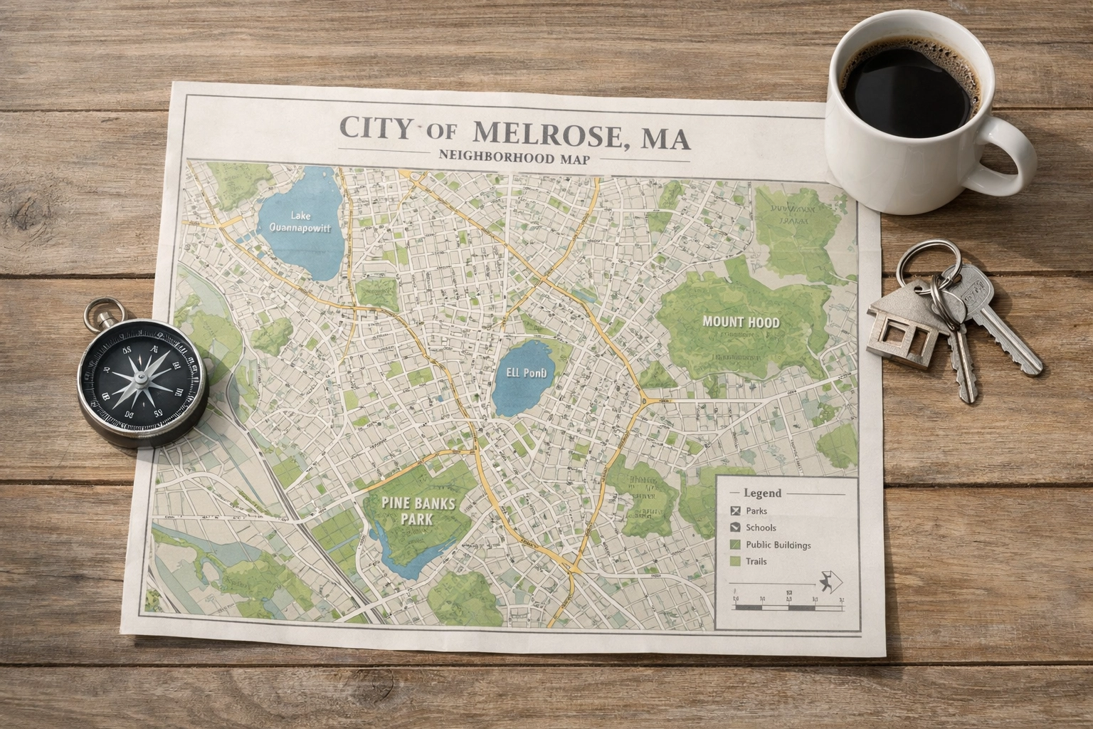 Melrose MA neighborhood map with house keys showing local real estate market expertise