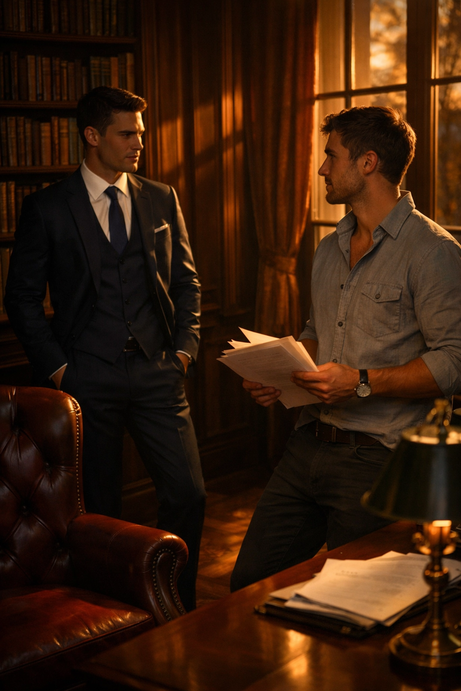 Estate manager and wealthy master share tense moment in library - MM romance class divide