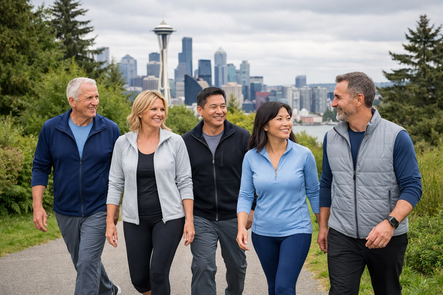 Healthy patients enjoying successful weight loss in a Seattle park, showing the results of functional medicine.