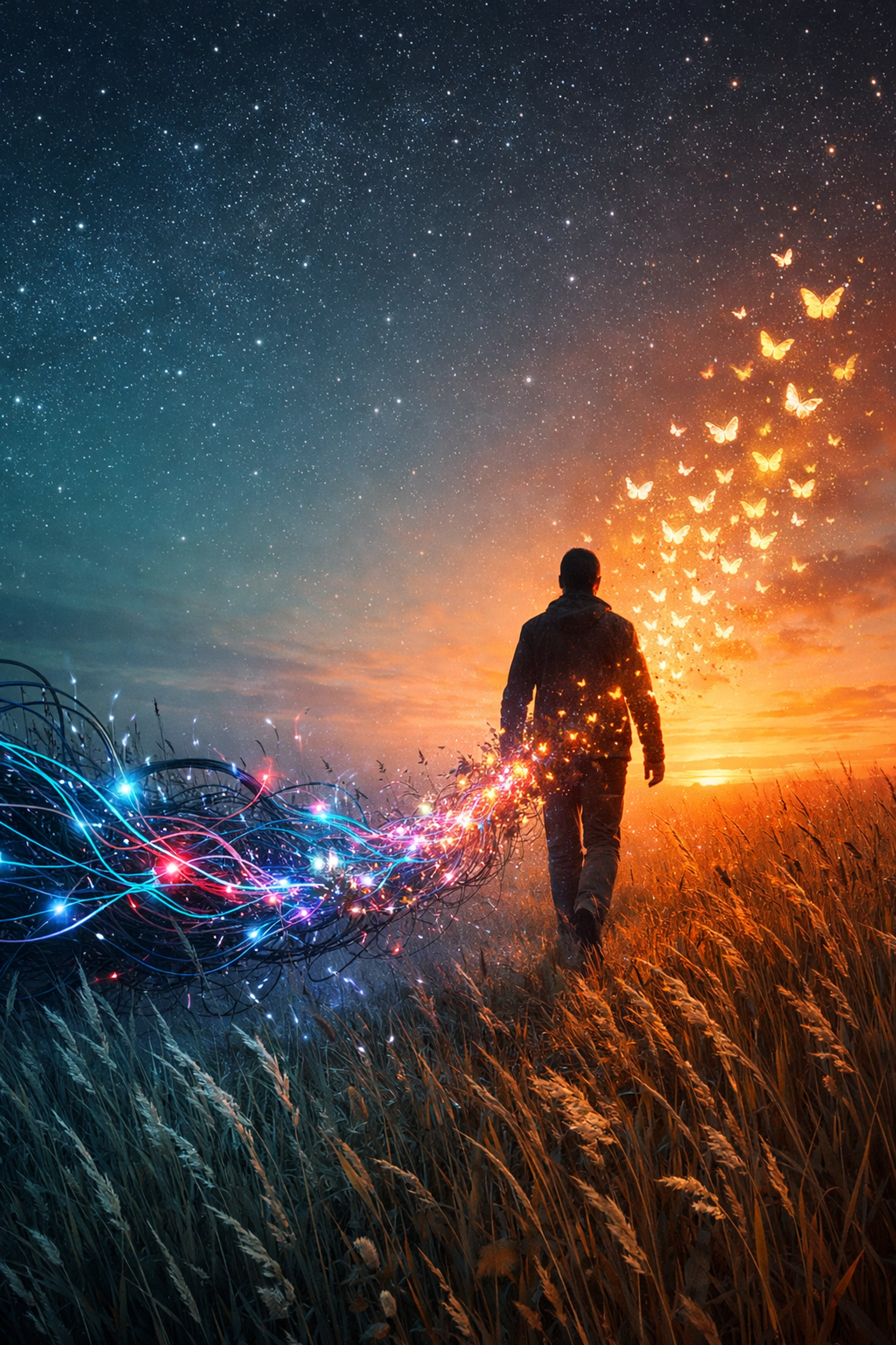 Conceptual art of a student finding peace in nature after a successful digital detox and mental reset.