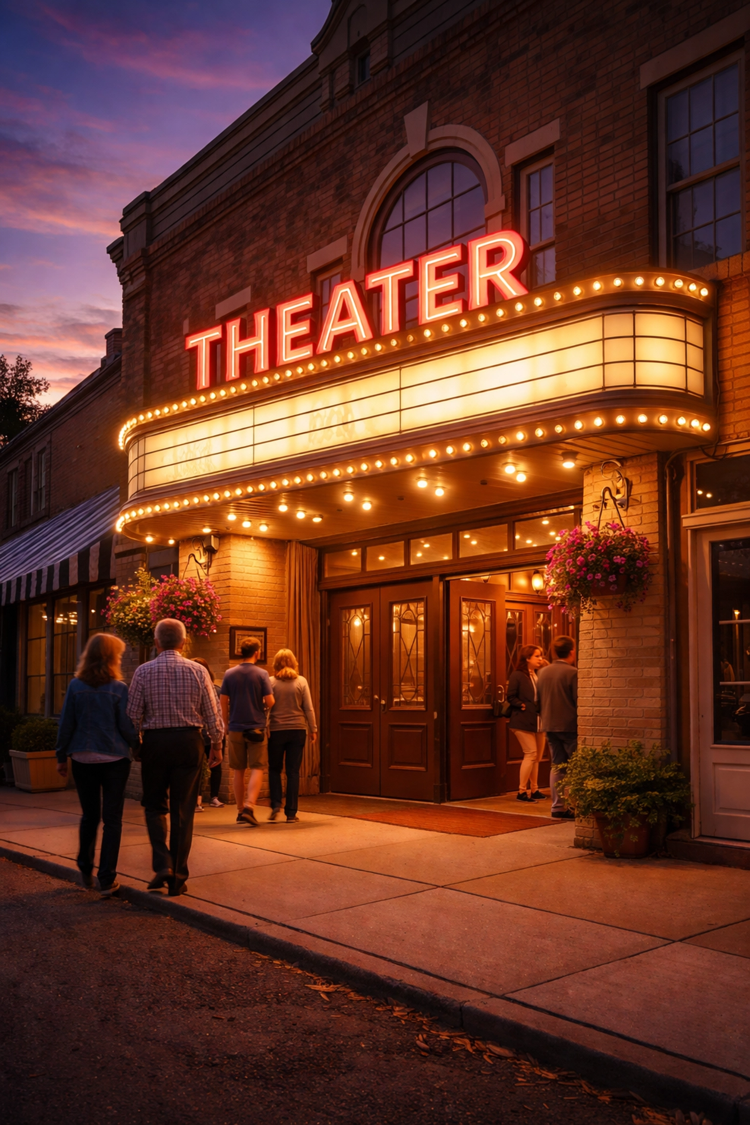 Exterior of Flowertown Players community theater at dusk with glowing marquee in Summerville SC.