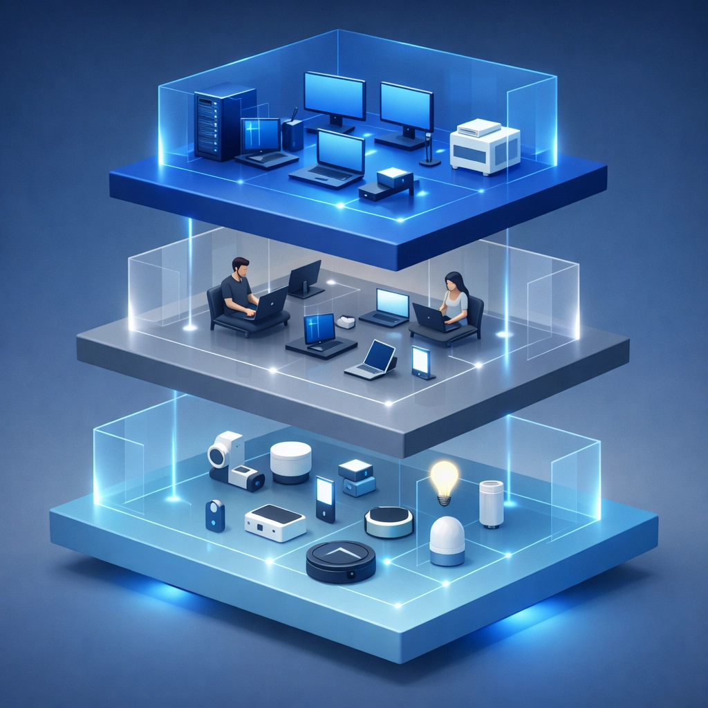 Segmented office network with isolated zones for employees, guests, and IoT devices