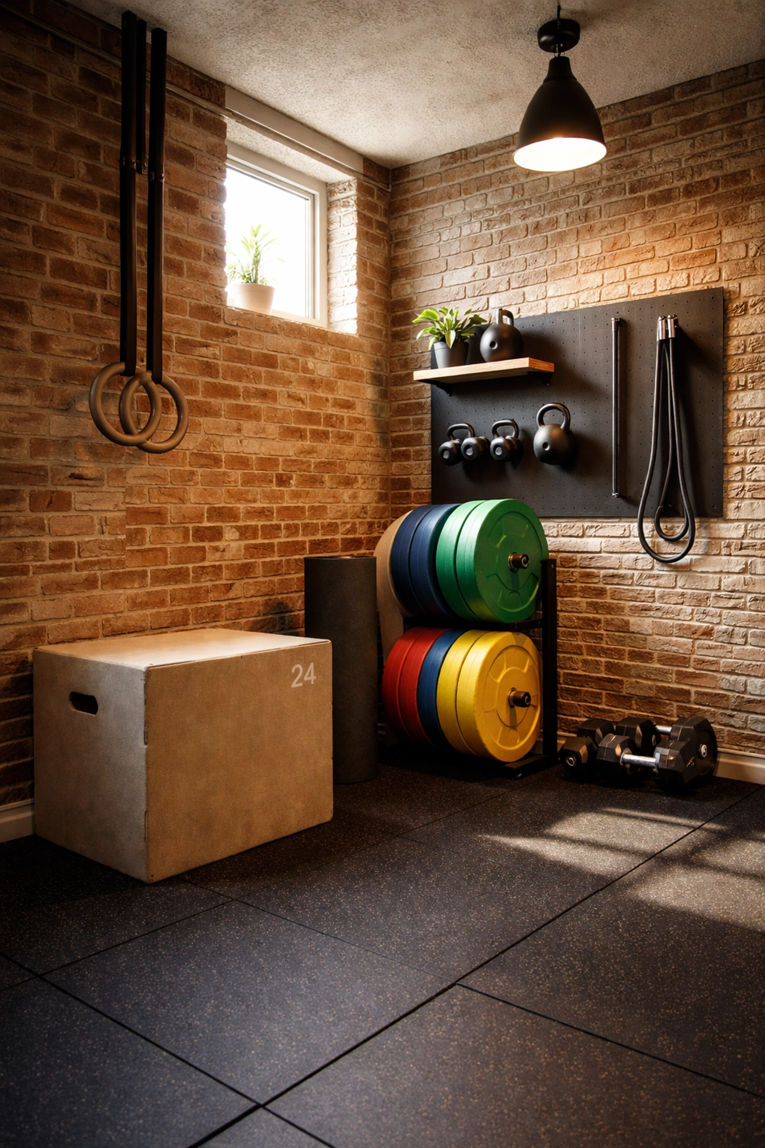 Compact home gym corner with plyo box, bumper plates, and foam roller for CrossFit training in small spaces