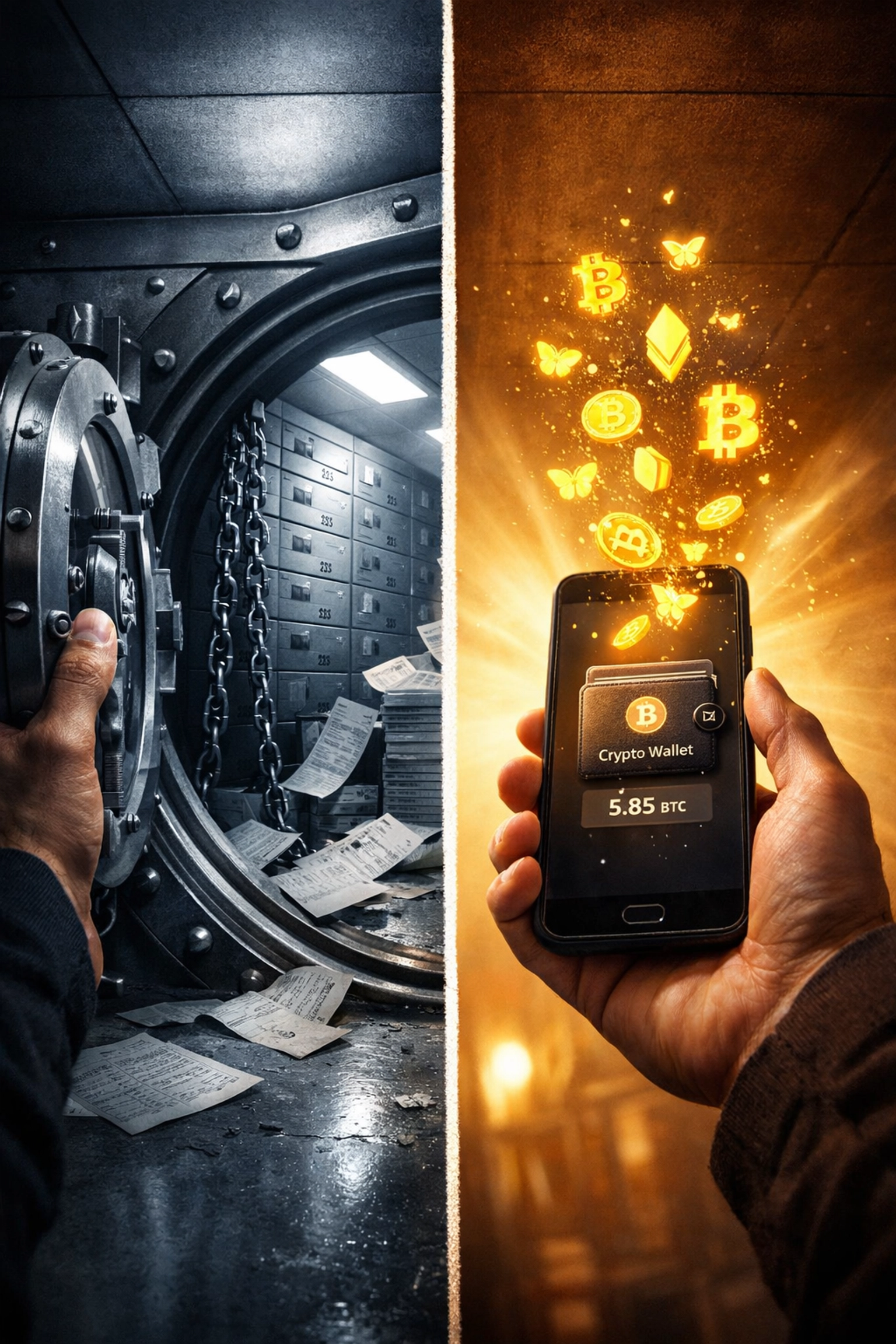 Self-custody crypto wallet versus traditional banking vault showing financial sovereignty