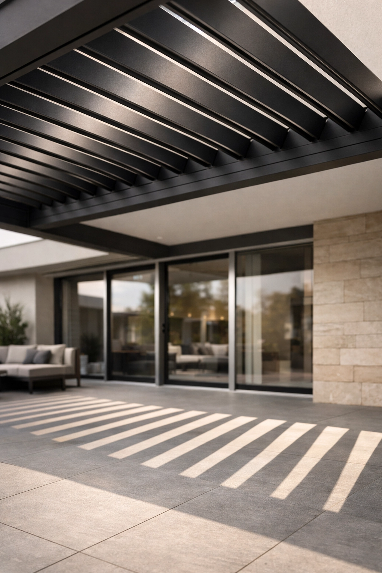 Modernes Lamellendach in Wien mit verstellbaren Lamellen aus Aluminium für optimalen Sonnenschutz.