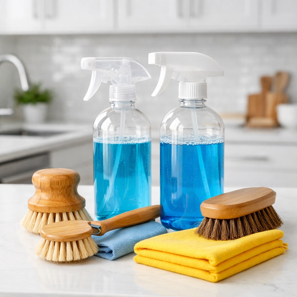 Eco-friendly cleaning supplies used for a deep move-out cleaning in a modern Boston kitchen.