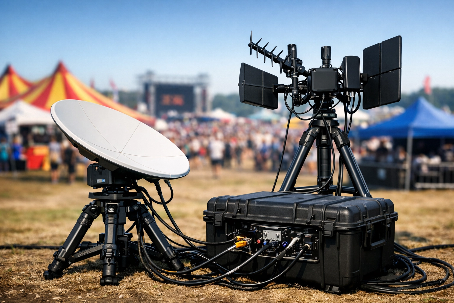 Professional satellite and antenna array providing managed WiFi infrastructure for large outdoor events.