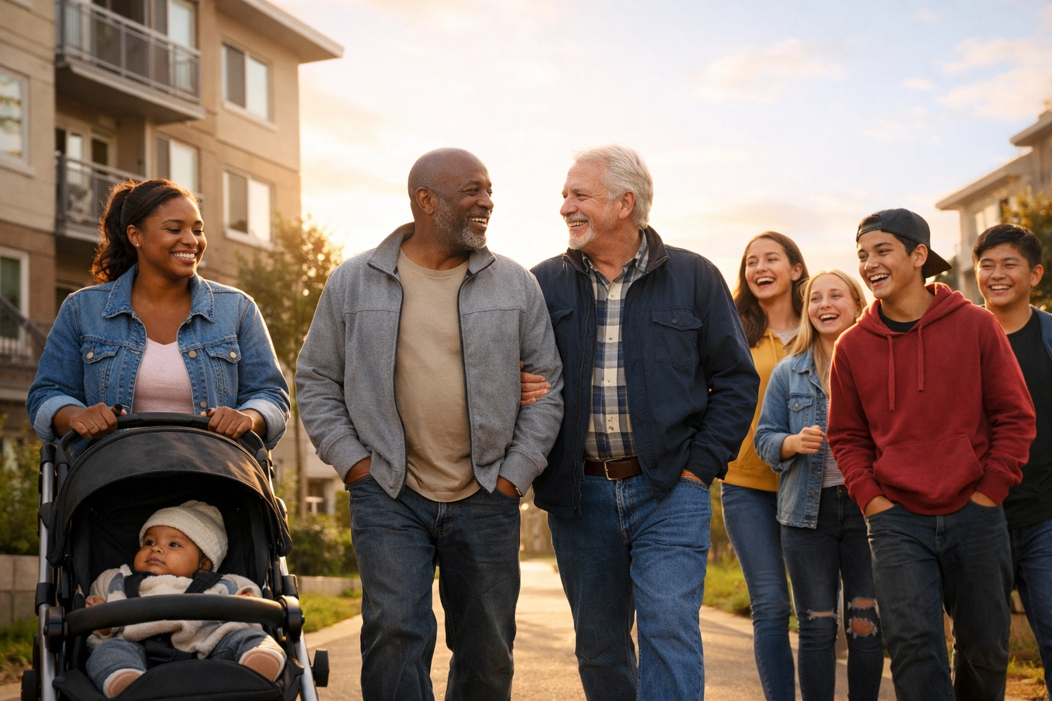 Diverse residents walking together through the Franklin Hill complex at 5 Shandon Road in Dorchester.