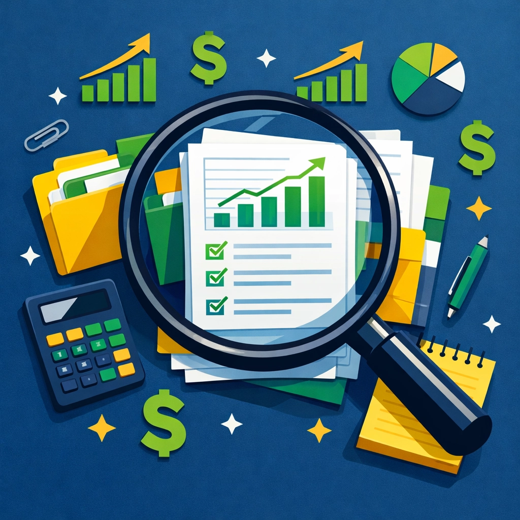 Magnifying glass over organized financial documents illustrating strategies to maximize tax refunds.
