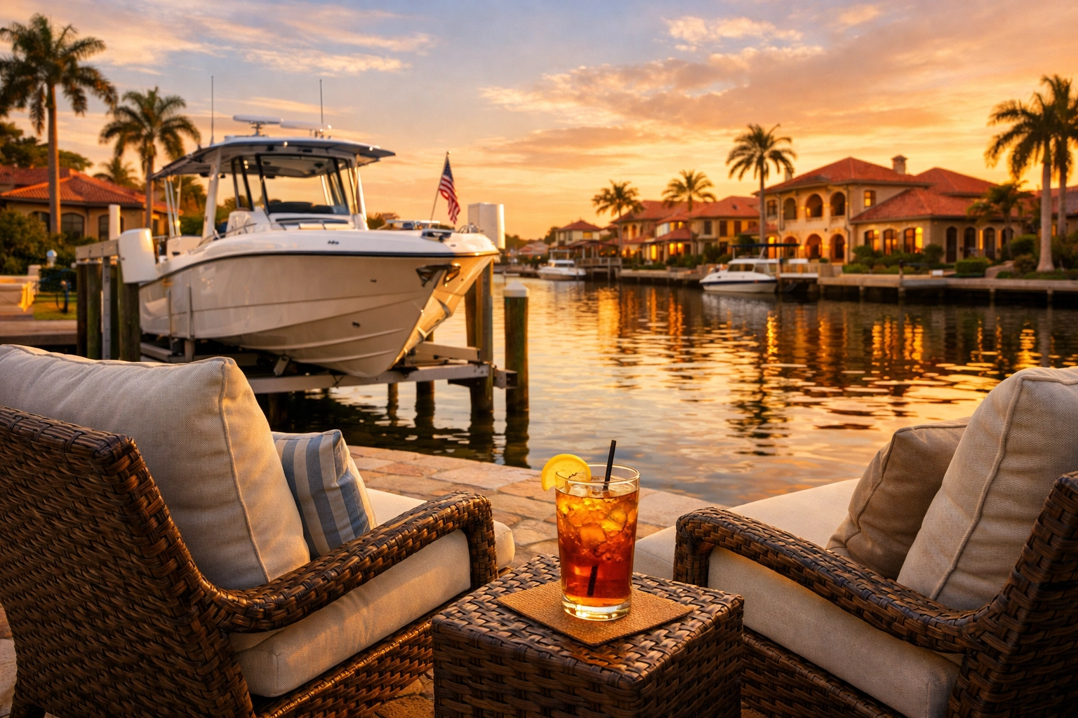 Sunset view of a luxury patio and boat lift in one of the premier gated communities in Cape Coral, Florida.