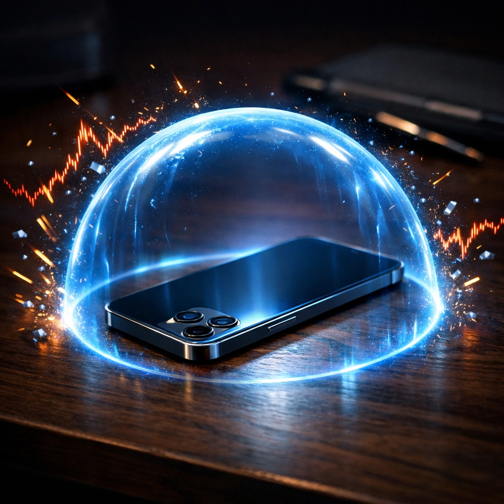A smartphone protected by a glowing blue shield, representing an emergency fund guarding against market volatility.
