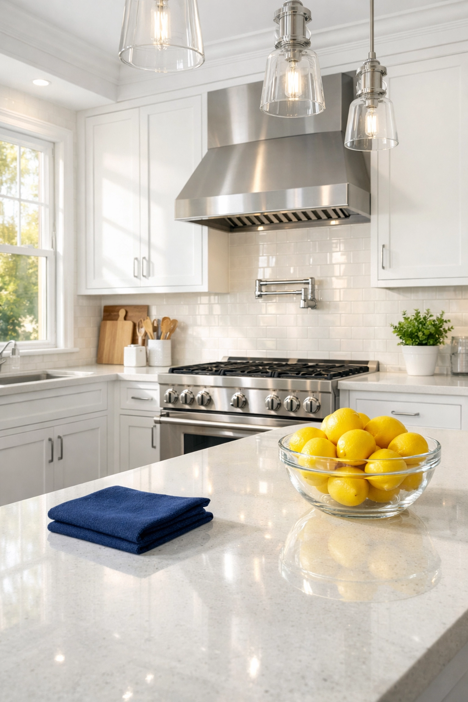 Sparkling clean kitchen with white cabinets after professional move-out cleaning Worcester MA.