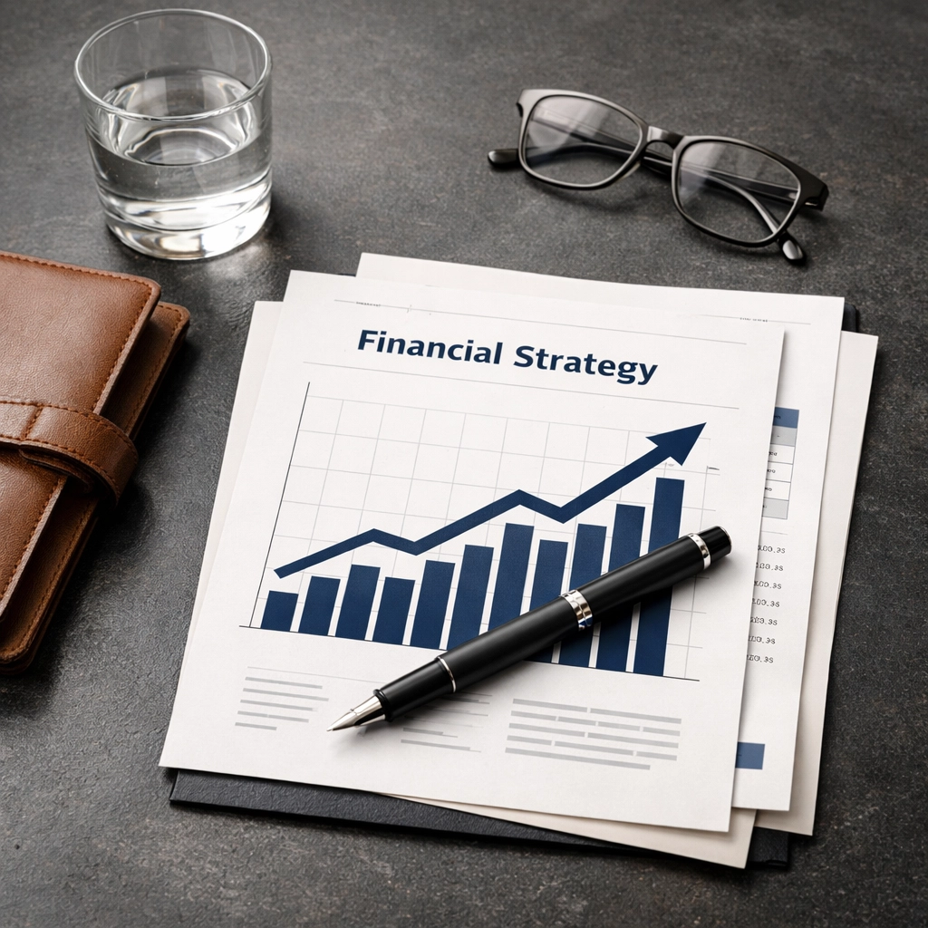 Organized workspace with an ascending line graph and documents for a financial literacy consultation.