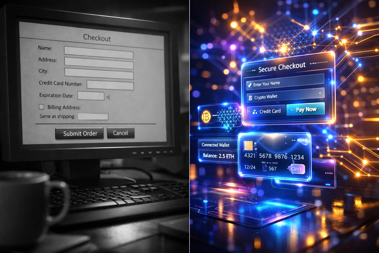 Futuristic AI-driven Web3 commerce interface compared to traditional legacy digital payment gateways.
