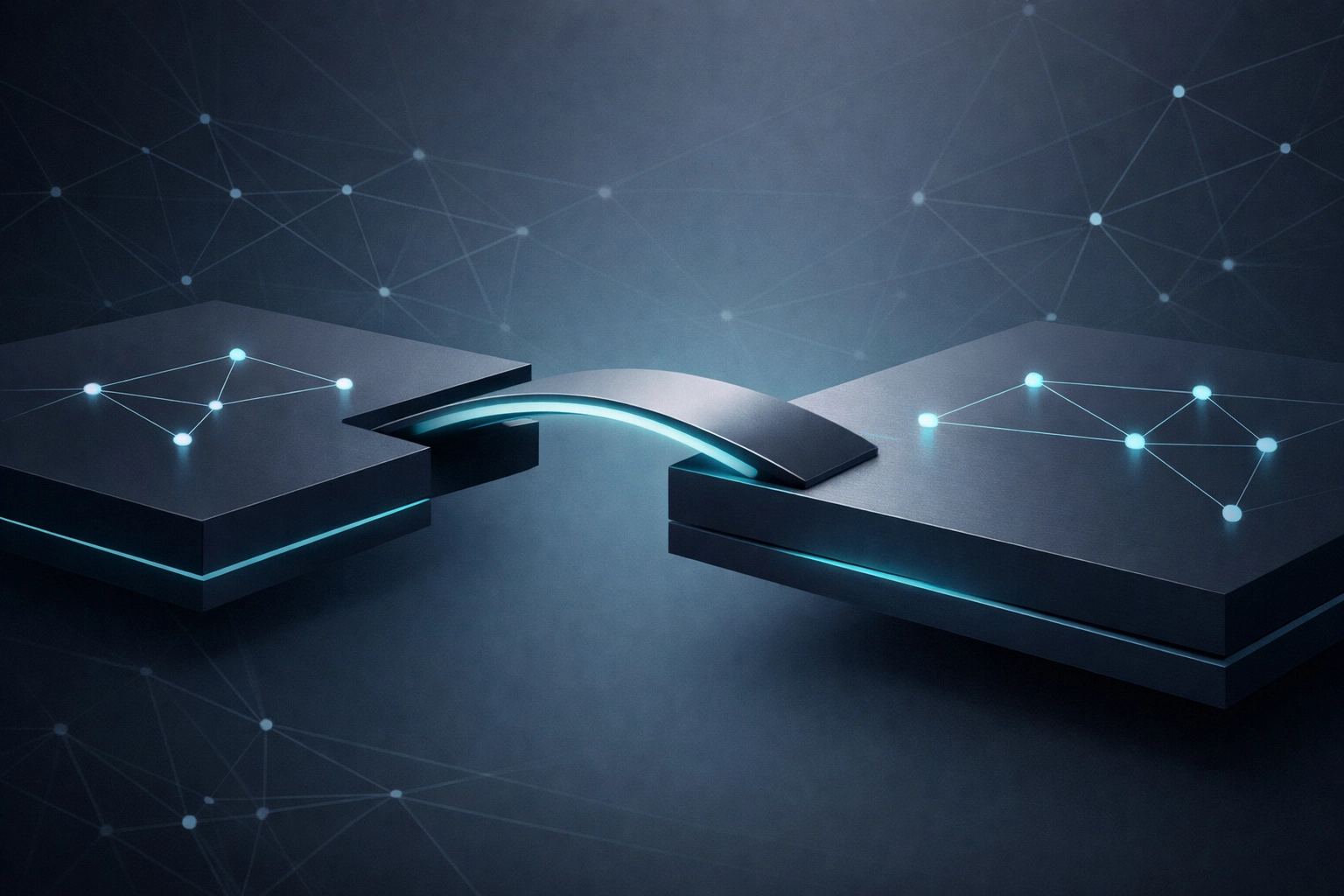 Minimalist high-tech visualization of the governance gap: misaligned layers bridged by governance, with subtle spider-network lines.