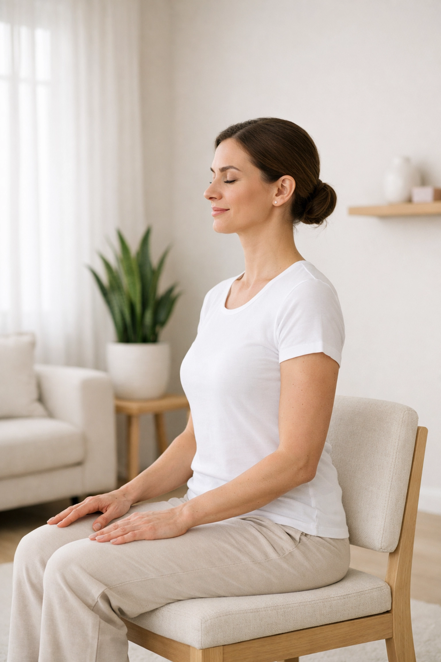 Person sitting with a balanced, neutral posture to achieve long-term sciatica relief.