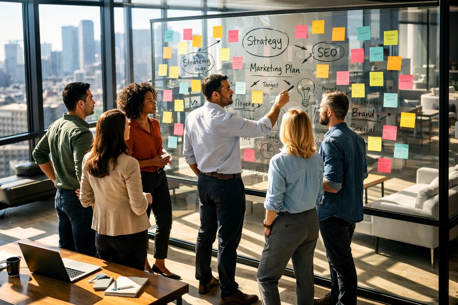 Marketing professionals collaborating on a Super Bowl 2026 branding strategy in a modern office.