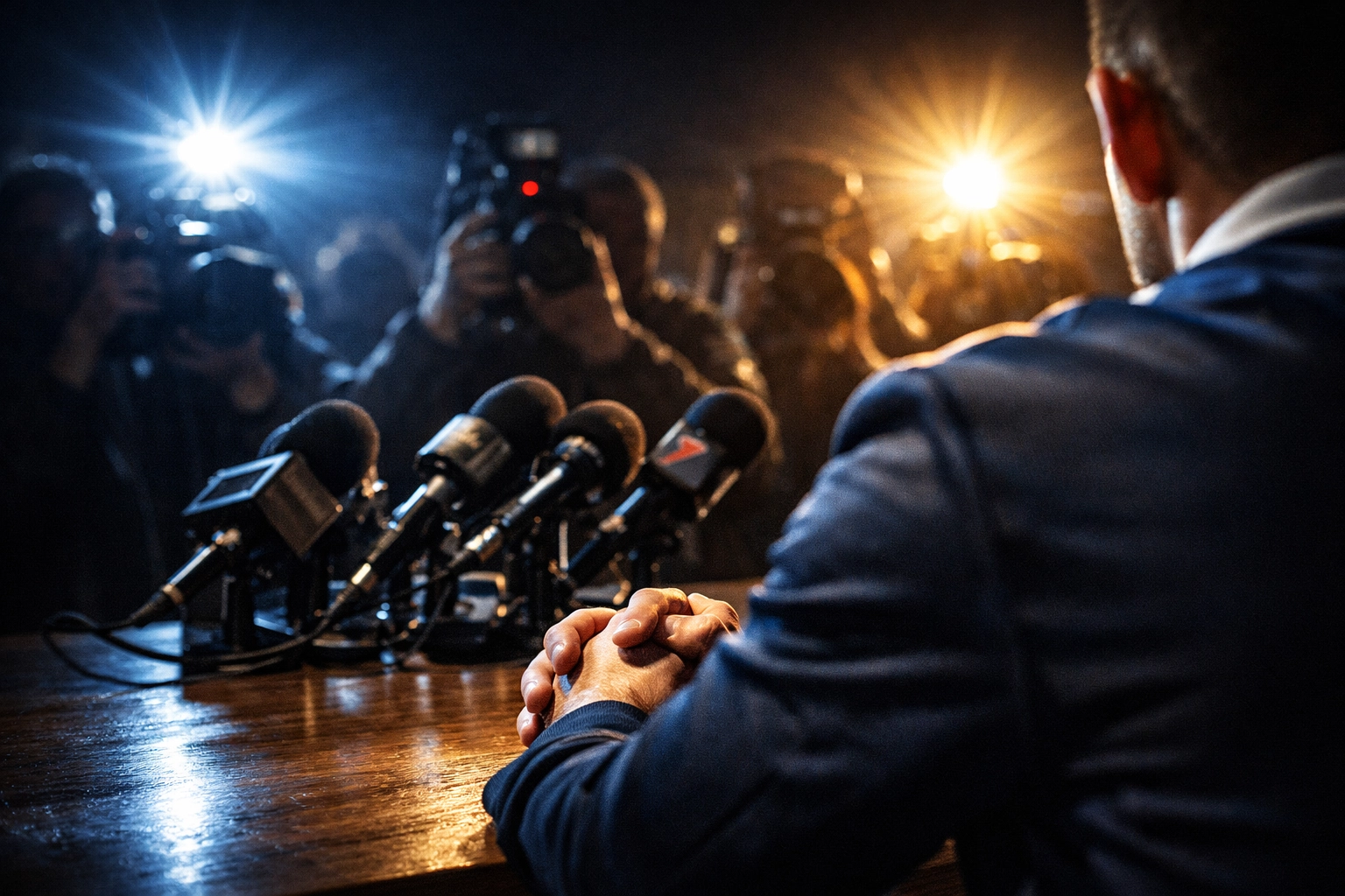 Footballer coming out at press conference, hands clasped together - gay athlete courage