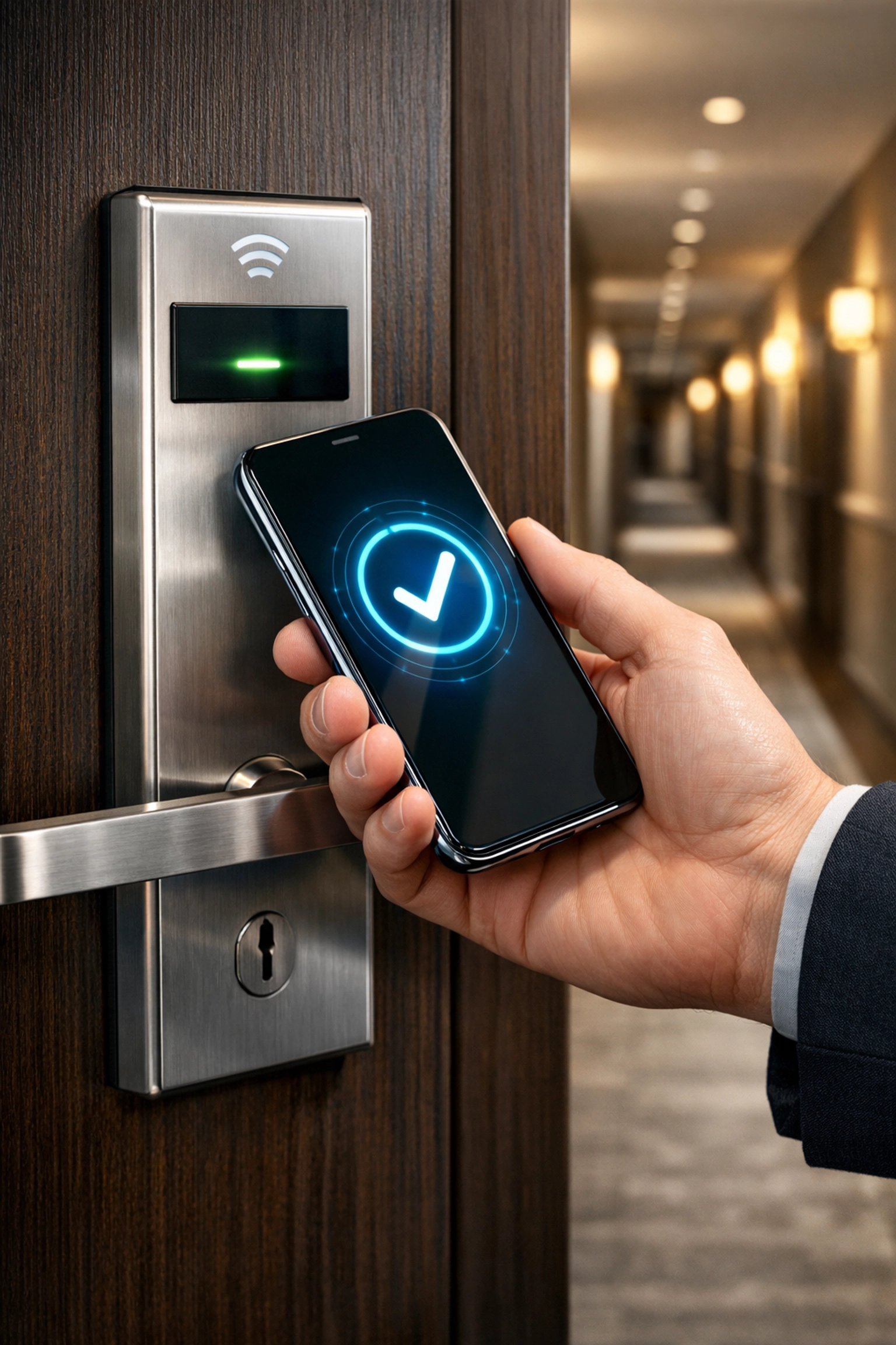 A guest unlocking a modern hotel room door using a smartphone-based digital key and RFID technology.