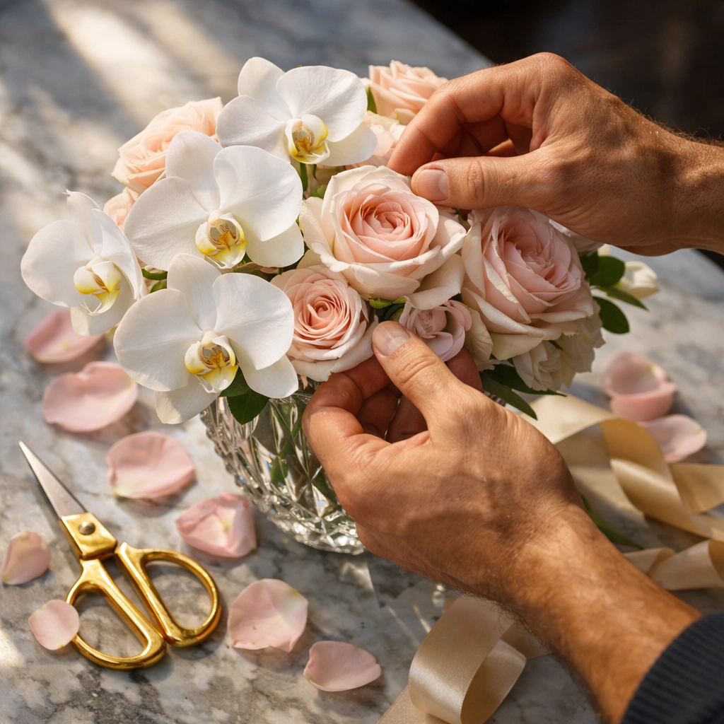 Luxury floral designer arranging white orchids and pink roses in crystal vase on marble counter