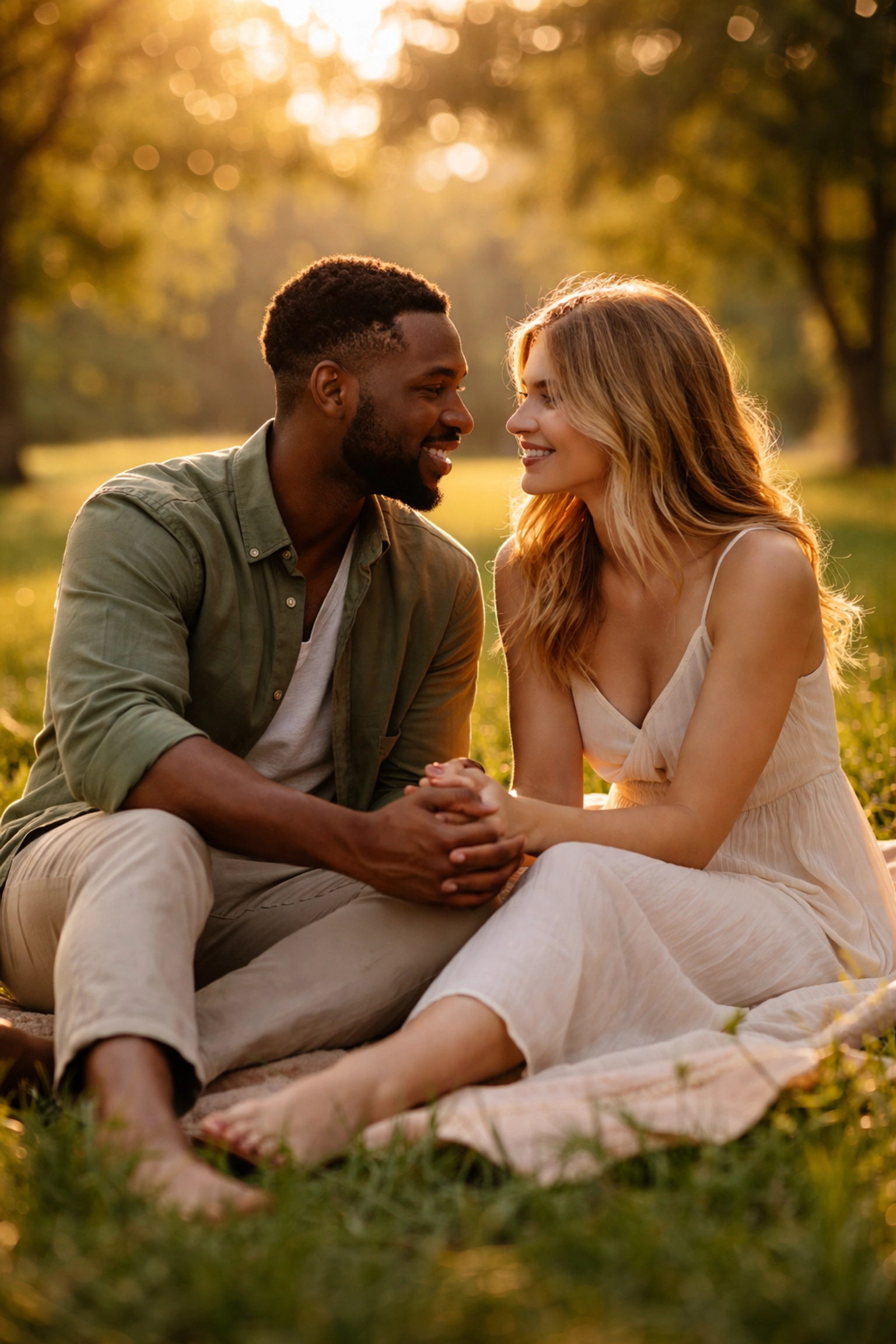 Interracial couple holding hands on a park blanket at sunset, sharing a peaceful, wedding-free moment together.