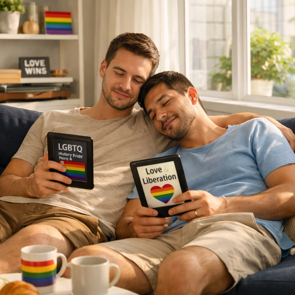 Gay couple reading LGBTQ+ ebooks at home, reflecting post-decriminalization freedom in Ireland
